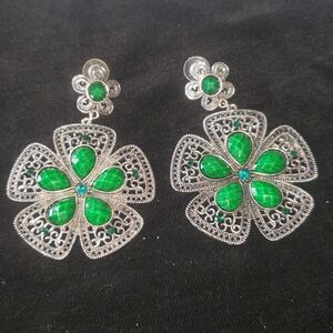 Designer Silvertone Jadite/Emerald Green Dangling Earrings